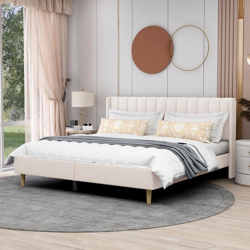 AGARTT Upholstered Platform Bed Frame King Size with Headboard and Footboard/Wooden Slats Support/No Box Spring Needed/Easy Assembly, Beige Velvet