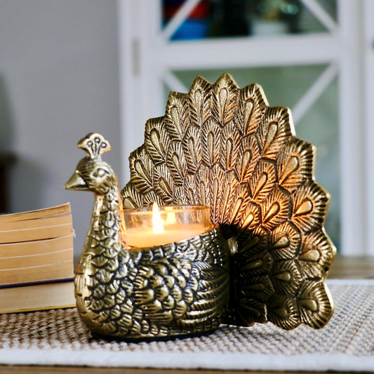Handcrafted Home Decor Peacock Candle Holder by Indian Impressions | Exquisite Housewarming Gift & Table Decor, Vintage Style Candle Holder for Coffee Table Decor (Gift Pack)