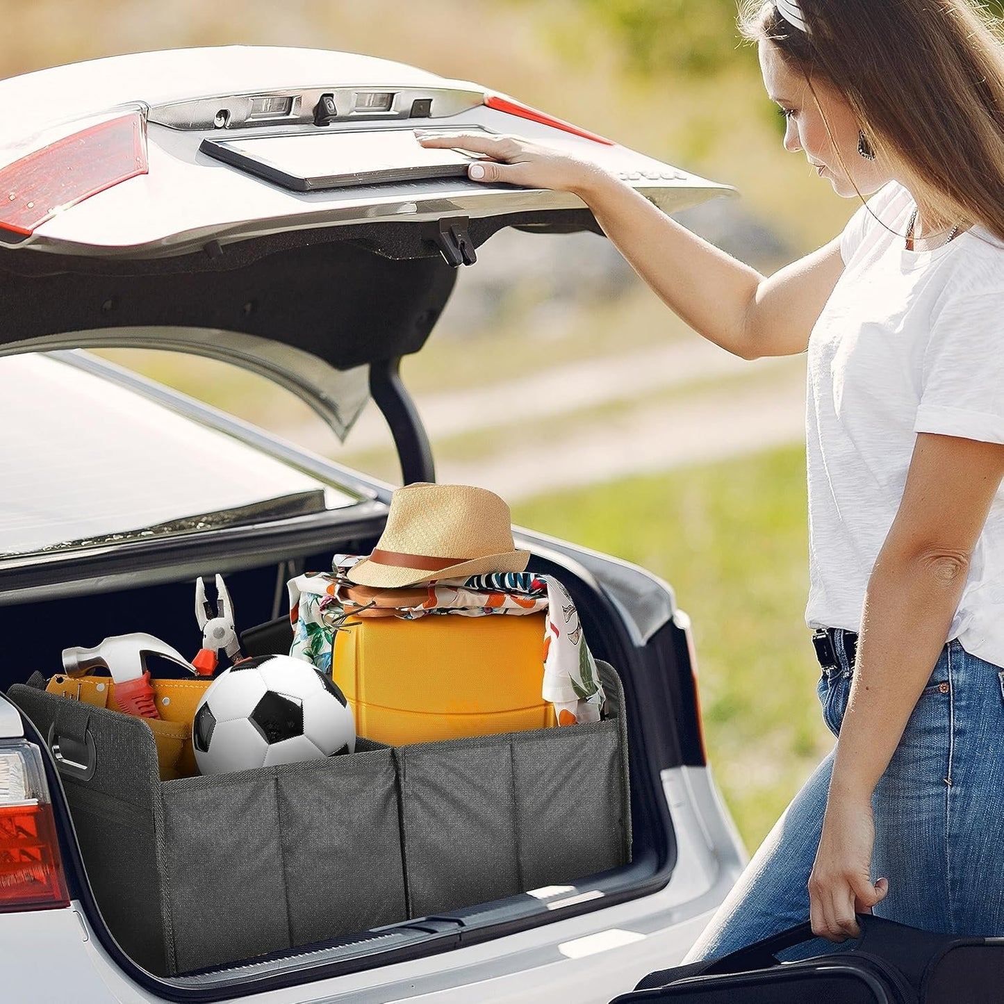 YSSOA Trunk Organizer for Car/SUV/Truck, Collapsible 2 Compartment Automotive Storage Box, 600D Waterproof Oxford Polyester 50L Travel Accessories, Anti-slip & Leak-proof, Black New