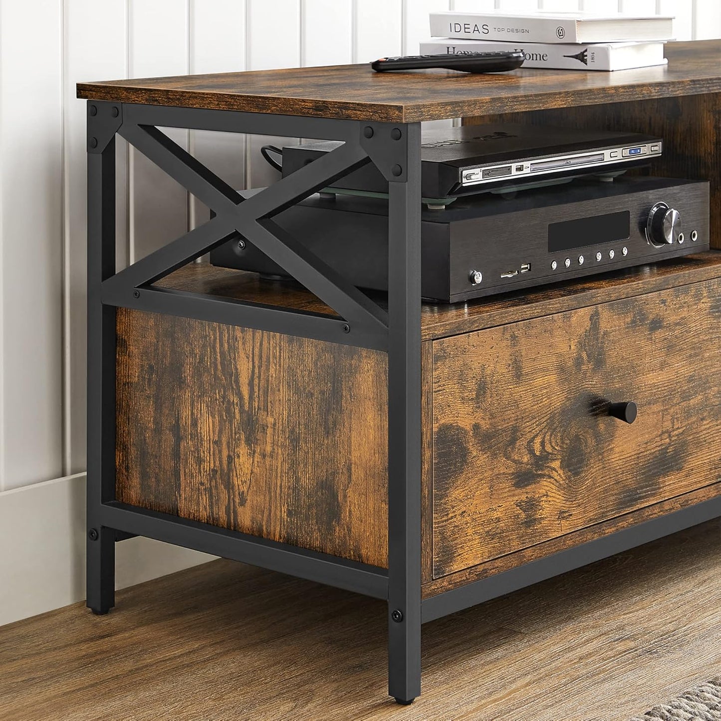 VASAGLE LTV300B01 TV Unit, TV Stand, Up to 55 Inches, 120 cm Long, 2 Drawers 2 Open Shelves, 40 x 120 x 50 cm, Living Room, Bedroom, Steel Frame, Vintage Brown and Black