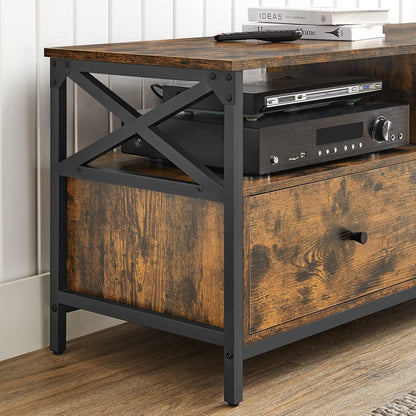 VASAGLE LTV300B01 TV Unit, TV Stand, Up to 55 Inches, 120 cm Long, 2 Drawers 2 Open Shelves, 40 x 120 x 50 cm, Living Room, Bedroom, Steel Frame, Vintage Brown and Black