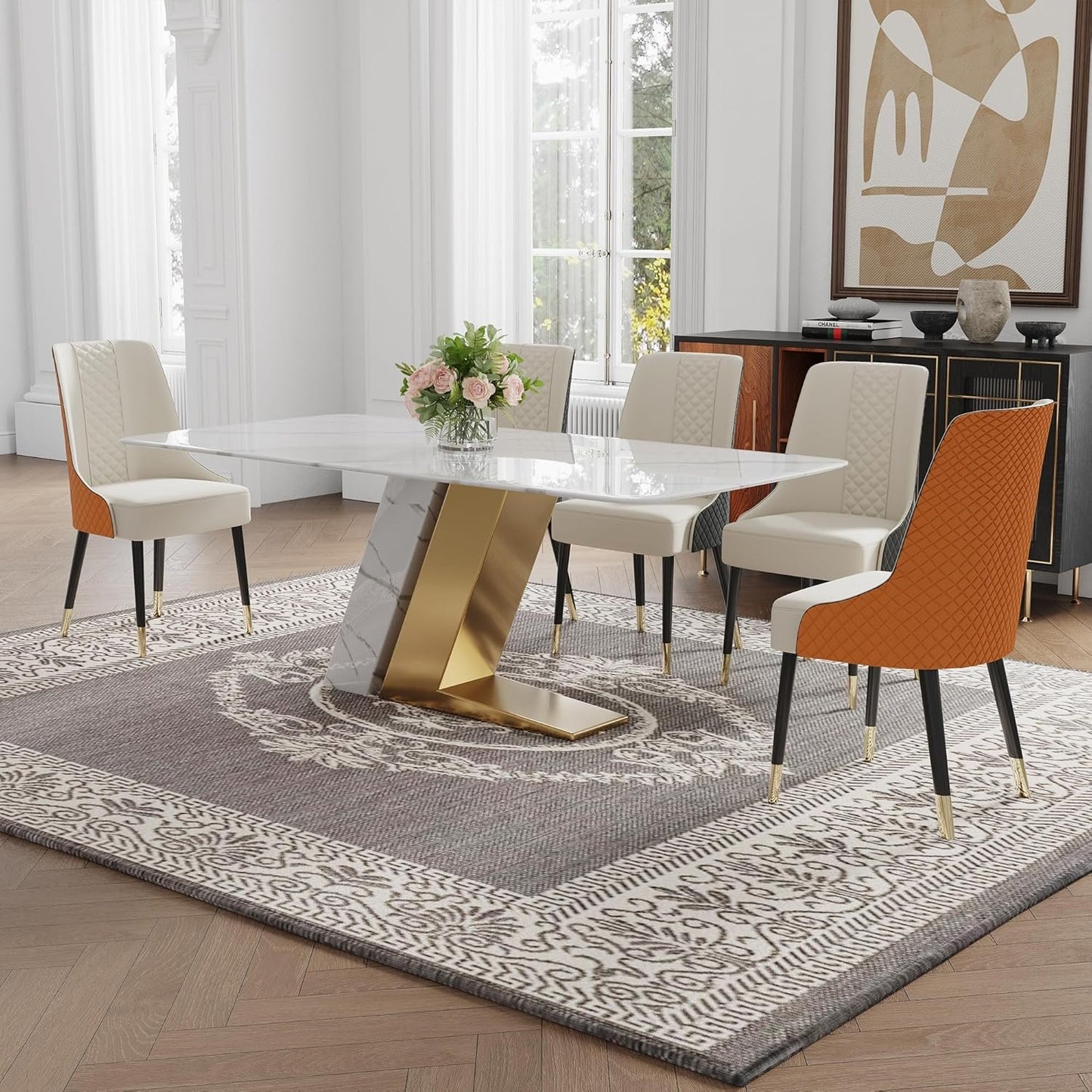 POVISON Modern Dining Table, White Dining Table for 6-8, Marble Dining Table with Rectangular Sintered Stone Tabletop, Z-Shaped Stainless Steel Base,White and Gold,78" Kitchen Table for Dining Room