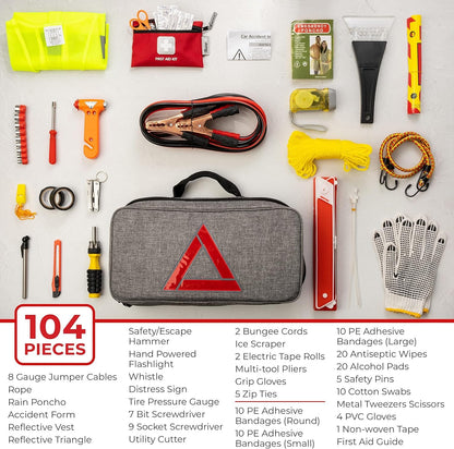 Thrive Roadside Emergency Car Kit - Automotive Safety Travel Tool Kit w/Vehicle Jumper Cables and Mini First Aid Kit - Truck, SUV & Car Essentials for Women and Men (Gray Bag)