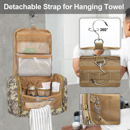Prokva Tactical Toiletry Travel Bag for Men, Hanging Dopp Kit Hygiene Bag Shower Organizer with Hook for Toiletries and Shaving Care (Empty Bag), Desert Yellow