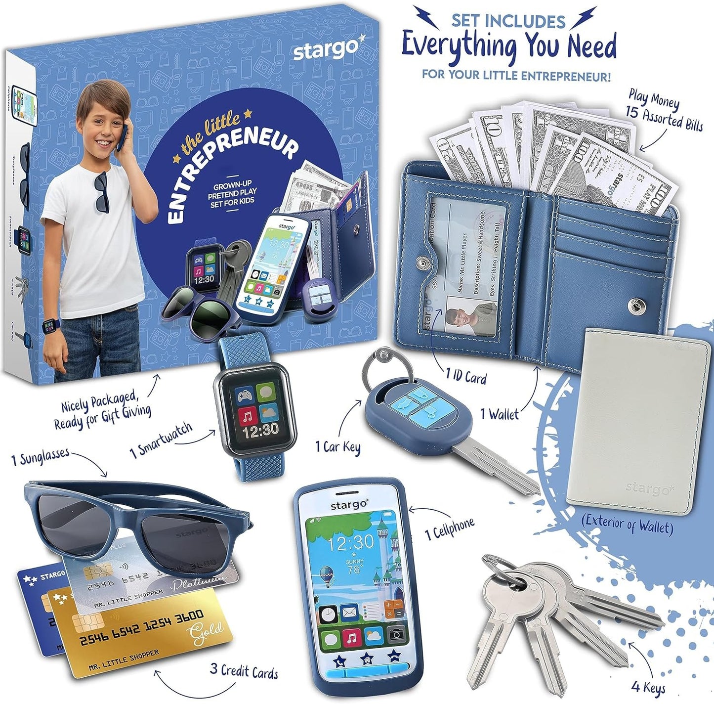 Play Wallet for Boys with Money and Pretend Play Toys, Cellphone, Smartwatch, Keys, Sunglasses, Toddler Wallet for Kids Ages 3 4 5 6 7 8 9 10 11 12 - Grown Up Pretend Play Set for Kids