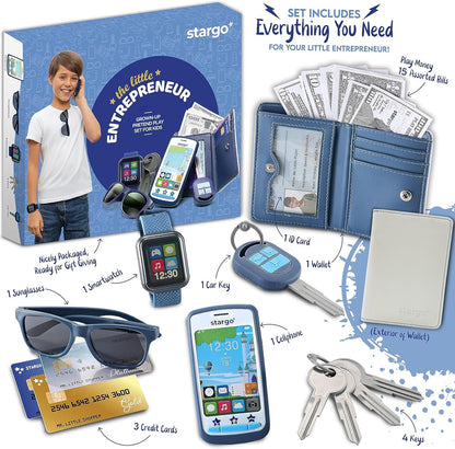 Play Wallet for Boys with Money and Pretend Play Toys, Cellphone, Smartwatch, Keys, Sunglasses, Toddler Wallet for Kids Ages 3 4 5 6 7 8 9 10 11 12 - Grown Up Pretend Play Set for Kids