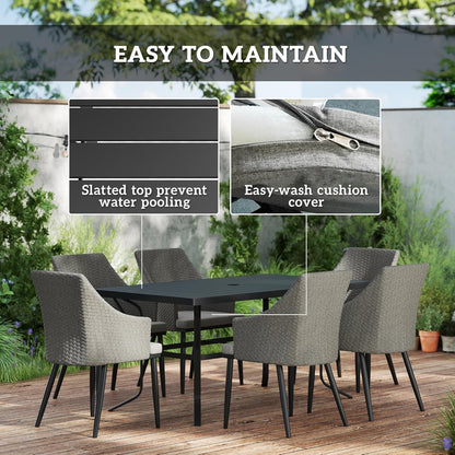 Outsunny 7 Piece Patio Furniture Set, Rattan Patio Table and Chairs with Cushions, Slatted Table Top, Umbrella Hole, Wicker Conversation Sets for Backyard, Porch, Garden, Balcony