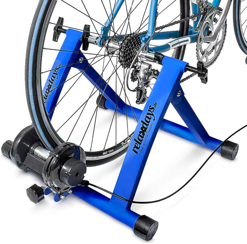 Relaxdays Indoor Bicycle Resistance Trainer, 6 Gears, for 26-28" Wheels Indoor Cycling Stand, Cardio Workout, Blue/Green