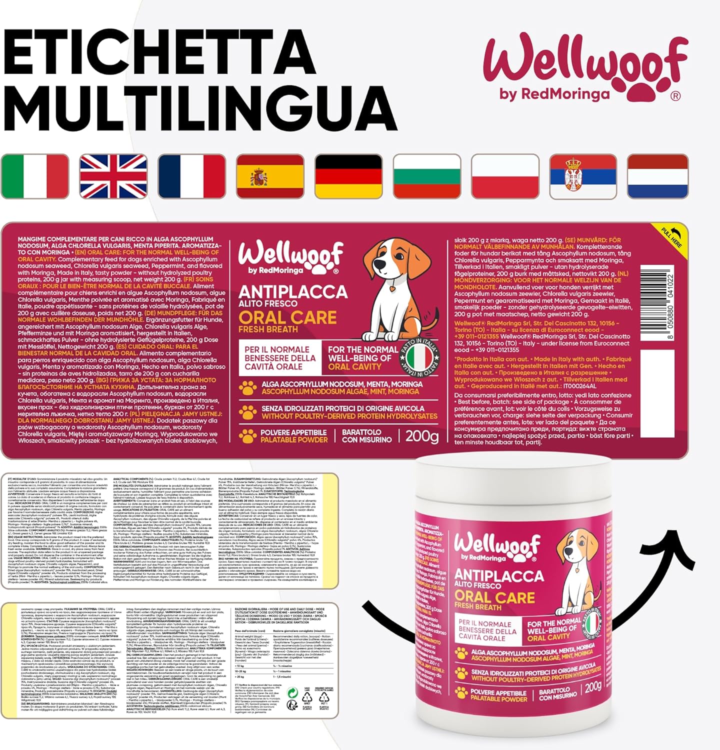 Wellfoof Dog Teeth Cleaning Supplement | Powder Supplement for Tartar Removal Dog | with Algae Ascophyllum Nodosum (75%), Moringa and Peppermint | Without Artificial Additives | 200 g