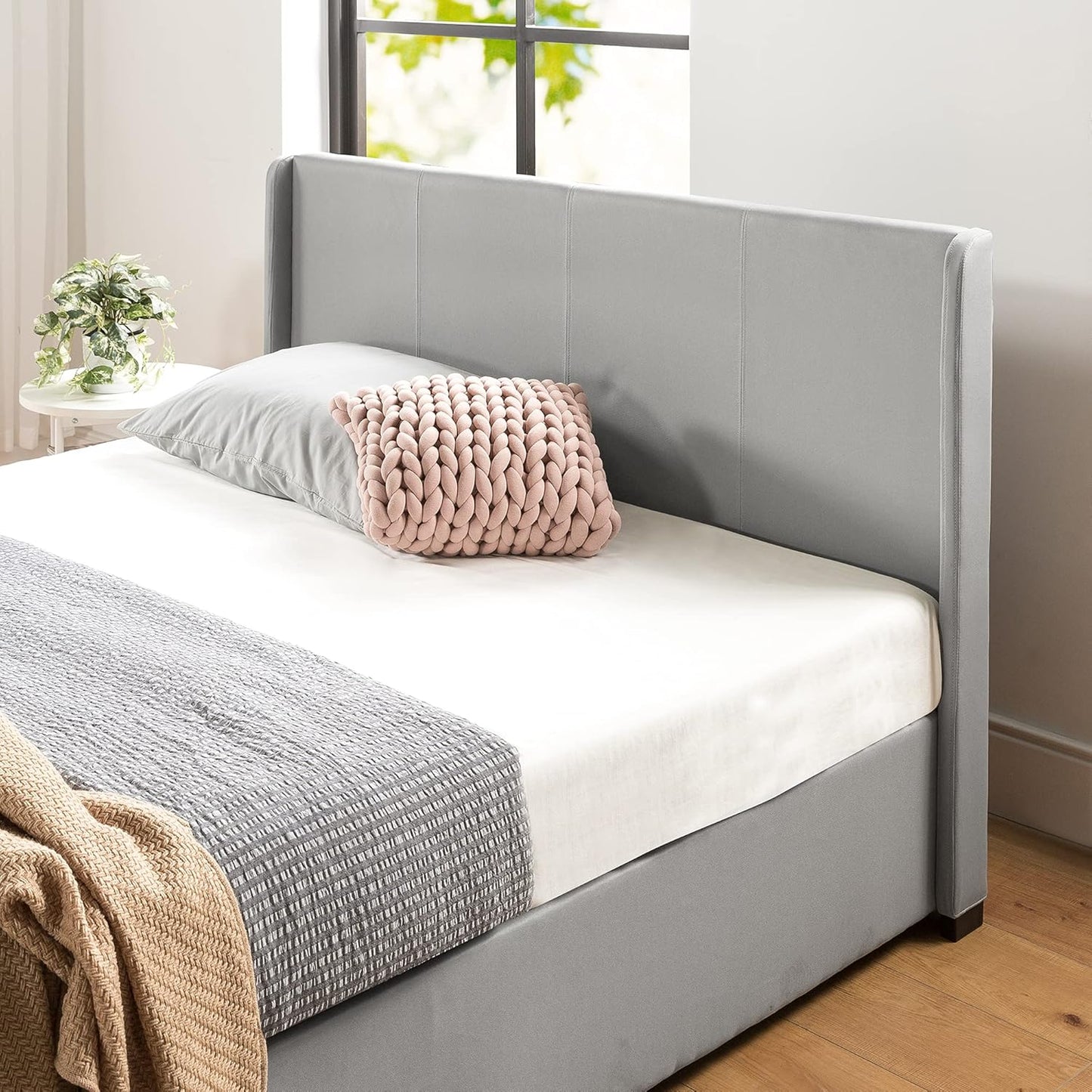 Double Bed Frame, Zinus Fabric Upholstered Bed Base with Gas Lift Storage, Light Grey, Bedroom Furniture