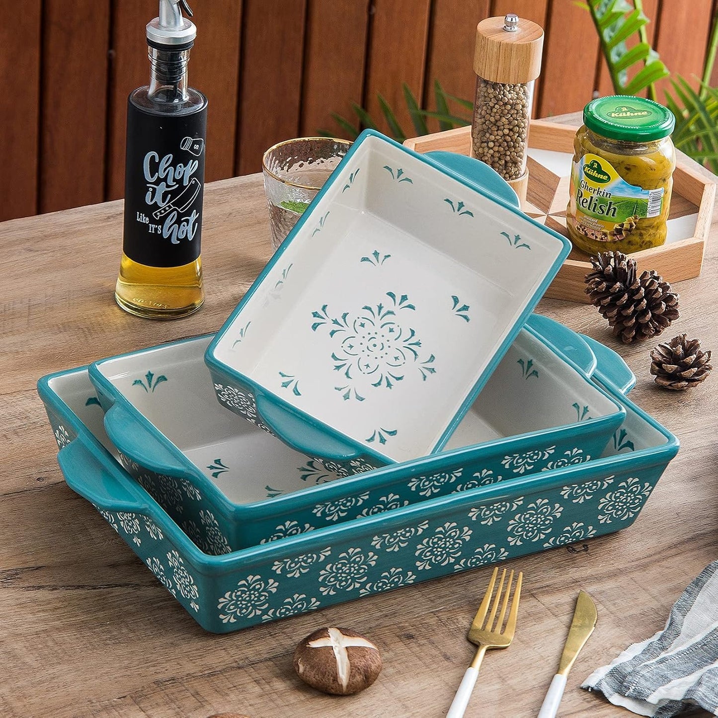 Original Heart Casserole Dish Ceramic Baking Dish 9x13 Baking Pan 3pcs Bakeware Sets Green Lasagna Pan Rectangular Baking Pan Set Baking Dishes for Oven