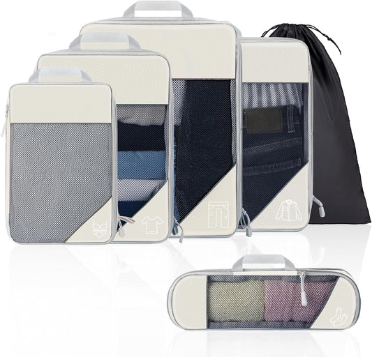 Koncle Compression Packing Cubes for Suitcases, Extensible Travel Packing Cubes, Mesh Luggage Suitcase Organizer Bags, Large Medium Small Slim Packing Cube, Travel Suitcase Accessories Cream