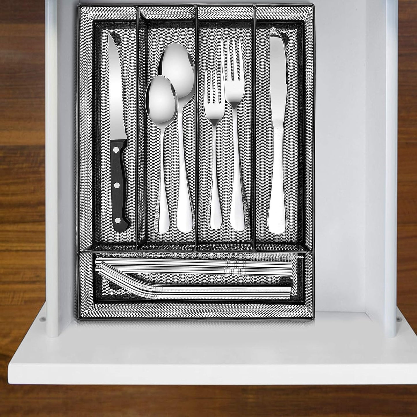 E-far Kitchen Drawer Organizer, Mesh Wire Utensil Tray Drawer Organizer, Black Narrow Metal Silverware Flatware Cutlery Holder/Divider with Foam Feet, 5 Compartment & Small Size - 12.5 x 9.25-Inch