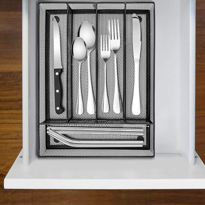 E-far Kitchen Drawer Organizer, Mesh Wire Utensil Tray Drawer Organizer, Black Narrow Metal Silverware Flatware Cutlery Holder/Divider with Foam Feet, 5 Compartment & Small Size - 12.5 x 9.25-Inch
