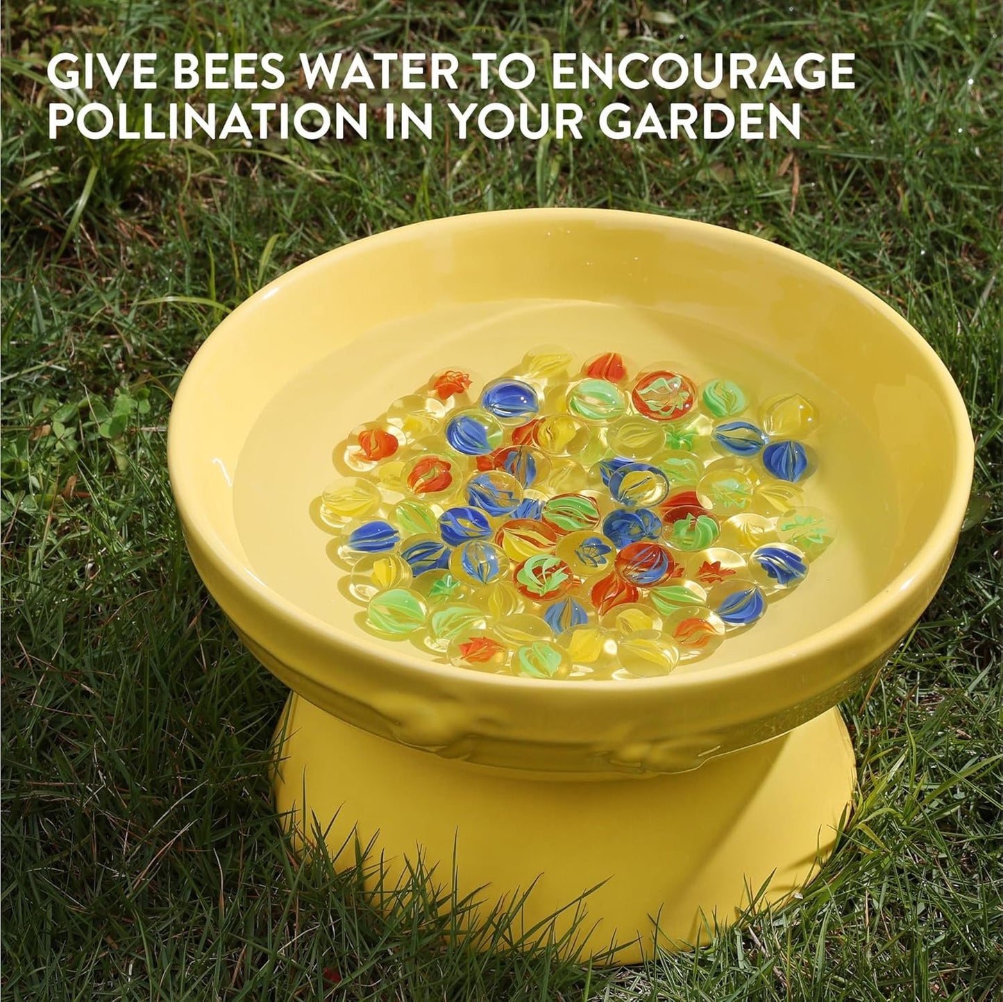 Navaris Bee Watering Station - Ceramic Bowl for Feeding and Watering Bees, Butterflies, Small Insects - Decorative Water Station for Gardens and Yards - Yellow