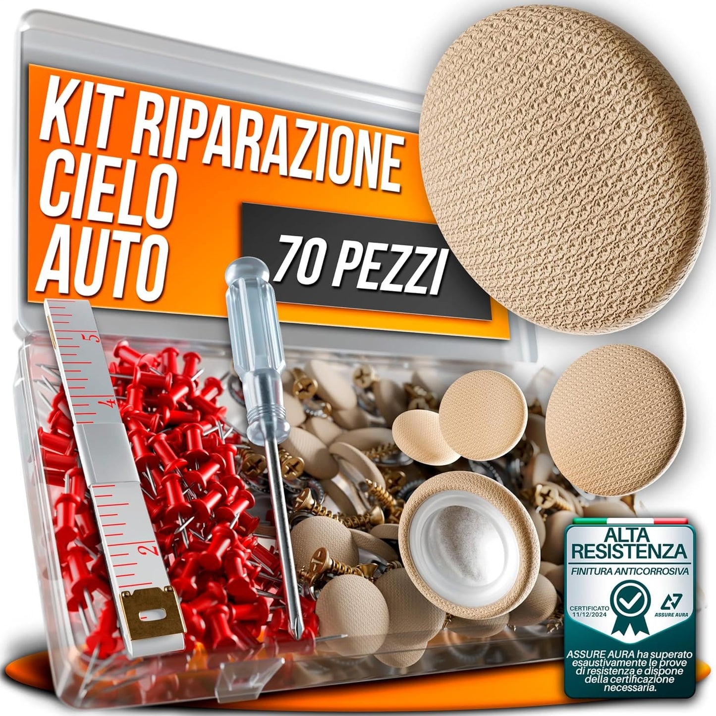 70 Pcs Car Roof Pins Kit + 70 Red Pins + 1 Screwdriver + 1 Metric Tape - Ideal for Car Fallen Roof Repair - Essential Part of Your Car Accessories (Beige)