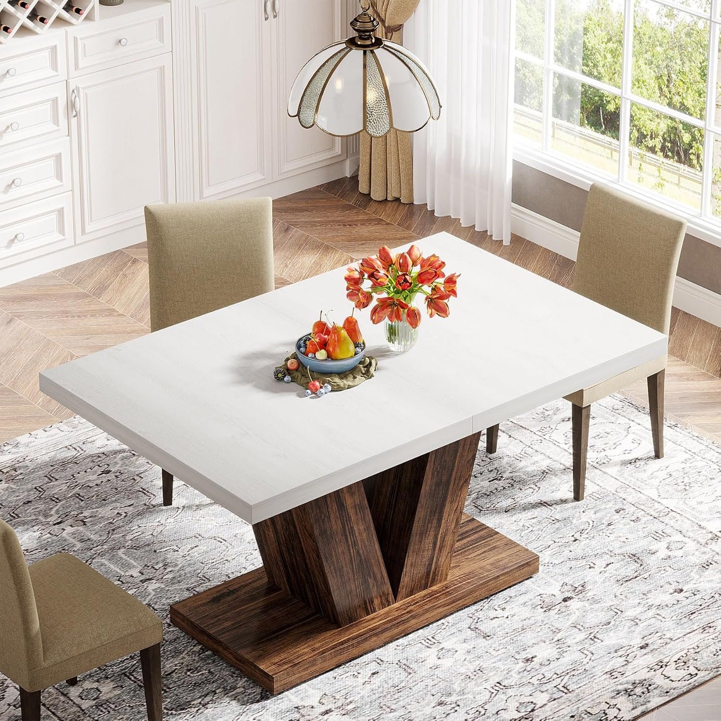 Tribesigns 47-Inch Dining Table for 4, White Kitchen Dinner Table with Heavy Duty Pedestal, Farmhouse Wooden Eating Table for Home, Dining Room, Small Space