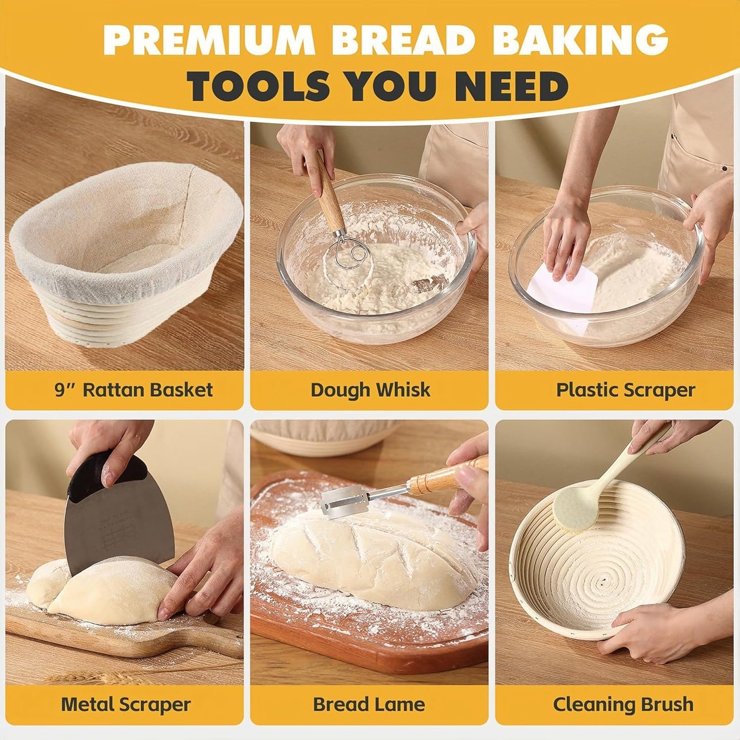 KOACKL Sourdough Starter Kit, 10" Oval Banneton Sourdough Bread Baking Supplies with Bread Scoring Lame, Scrapers, Dough Whisk, Sourdough Proofing Basket Tools for Fermentation