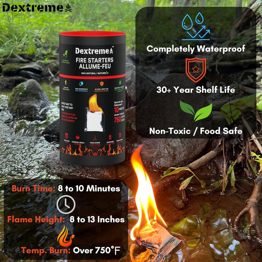 Dextreme Quick Instant Fire Starter - Waterproof All-Purpose Indoor & Outdoor Firestarter, for Charcoal Starter, Campfire, Fireplace, BBQ, Survival and Wood Stove (100 Pcs Tube)