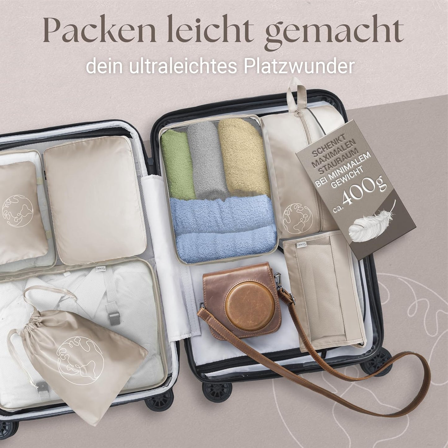 asteriCS Luggage Organizer (8 Piece Set) Lightweight Compact - Packing Cubes Versatile for Suitcase, Backpack, Changing Bag, Travel Gadgets (Beige)