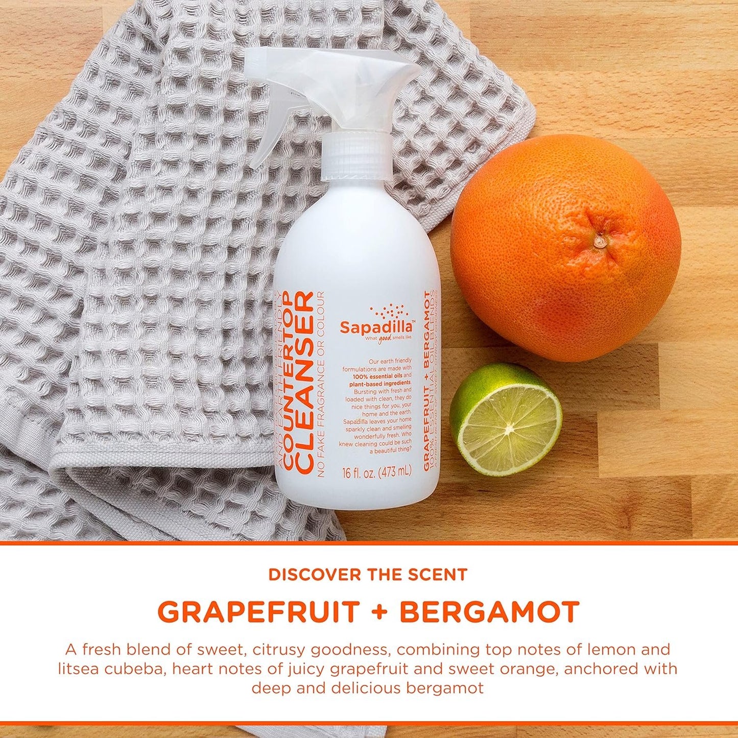 Sapadilla Grapefruit + Bergamot Biodegradable Countertop Cleanser Spray, 16 Ounce, (Pack of 1)