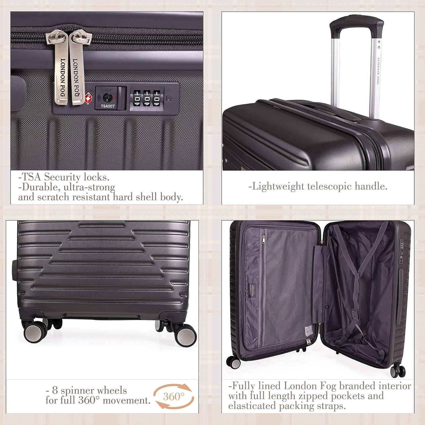 london Fog ABS Hard Case - 8 Wheel Spinner Travel Luggage | Telescopic Drag Handle | TSA Security Locks LFL005, dark grey, Cavendish
