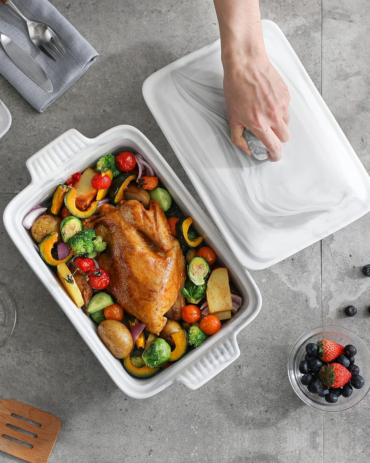 MALACASA Casserole Dish With Lid, 3.4 Quart Baking Dish With Lid, Deep Lasagna Pan Ceramic Bakeware Covered Casserole Dish Set, Microwave, Oven, Dishwasher Safe, 12 x 8.9 x 3 inch, Series BAKE-GREY