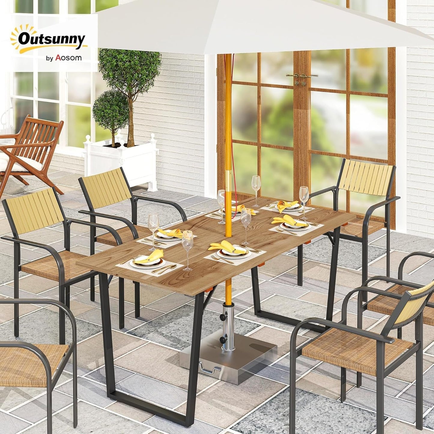 Outsunny Wooden Outdoor Dining Table for 6, 69" x 32" Rectangular Patio Table with 2" Umbrella Hole, Slatted Tabletop, Indoor Outdoor Dining Furniture for Yard, Deck, Lawn