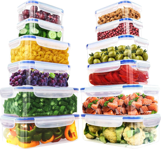 KICHLY Plastic Airtight Food Storage Containers - 24 Pieces (12 Containers & 12 Lids) Plastic Food Containers with Lids for Kitchen & Pantry, Leakproof (Blue)