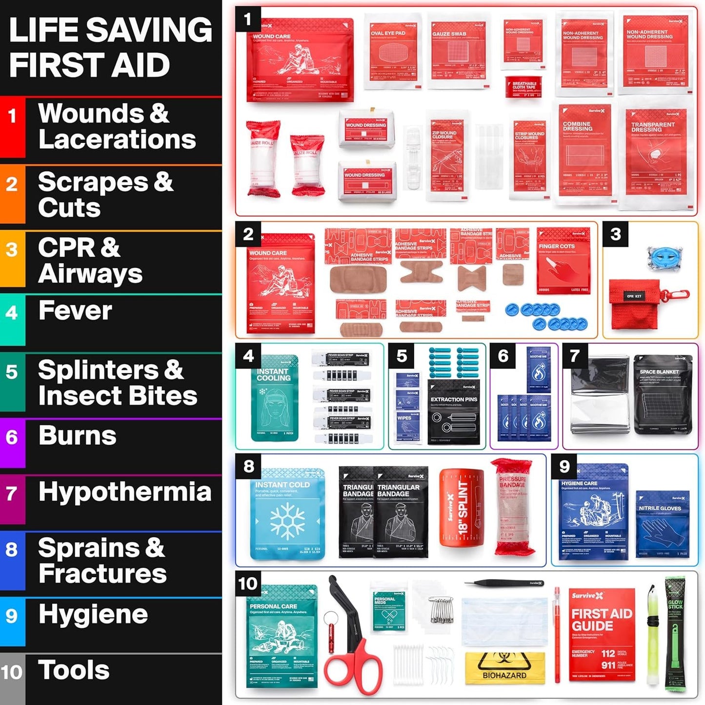 SurviveX Large First Aid Kit for Car, Travel & Home - Emergency Kit for Hiking, Camping, Backpacking and Outdoor Adventures - Includes Zip Stitch Wound Closure Strips
