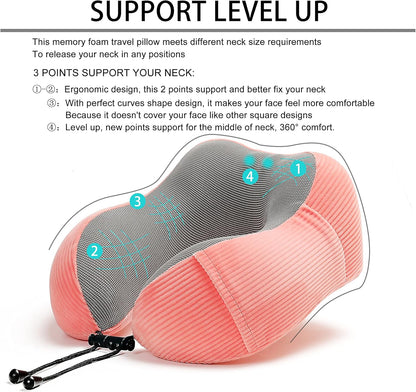Travel Pillow, Memory Foam Neck Pillow with 360-Degree Head Support Comfortable Airplane Pillow with Storage Bag Lightweight Traveling Pillow for Sleeping, Car, Train, Bus and Home Use (Pink)