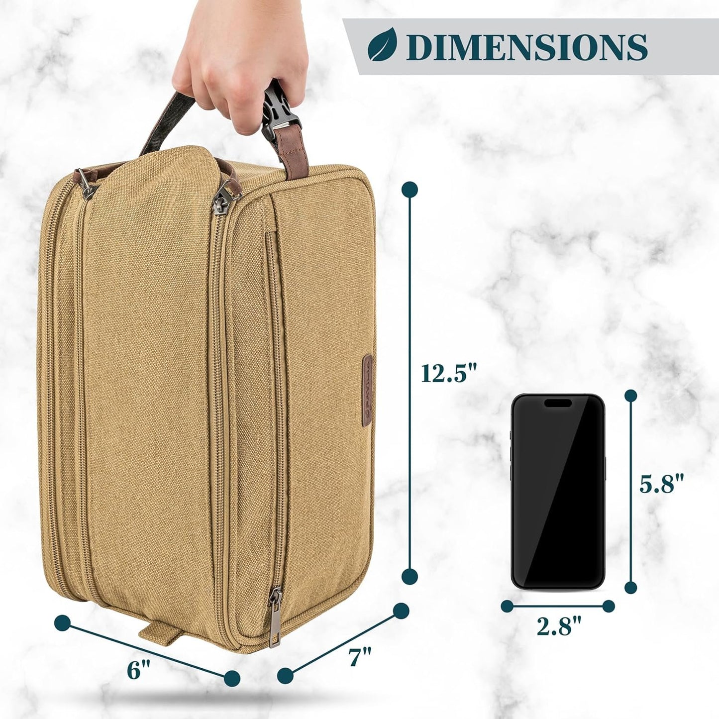 PAVILIA Toiletry Bag for Men, Canvas Travel Dopp Kit, Water Resistant Hygiene Bag Toiletries Organizer, Shaving Kit Travel Accessories Bag, Tan Khaki, Extra Large