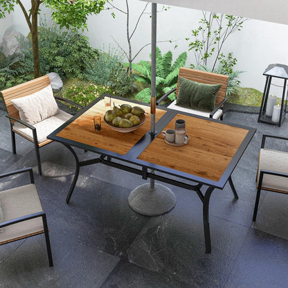 Outsunny Outdoor Dining Table with Umbrella Hole, Rectangular Patio Dining Table for 6 with Steel Frame and Wood-Like Plastic Top for Garden, Balcony, Brown