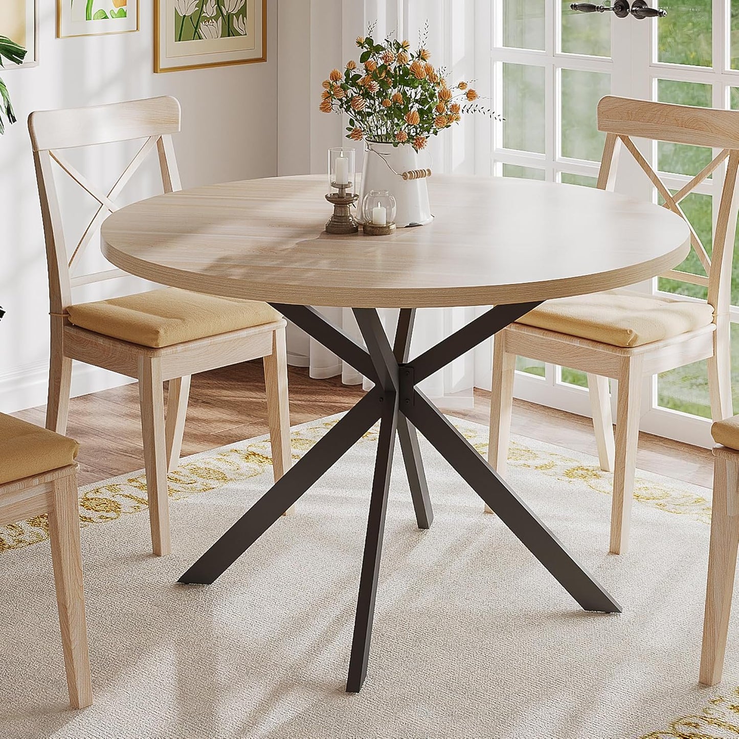 ChooChoo 47.2 Inch Round Dining Table for 4, Farmhouse Wood Kitchen Table, Circle Dinner Table for Kitchen & Dining Room, Natural Oak