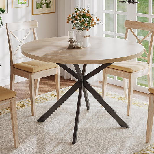 ChooChoo 47.2 Inch Round Dining Table for 4, Farmhouse Wood Kitchen Table, Circle Dinner Table for Kitchen & Dining Room, Natural Oak