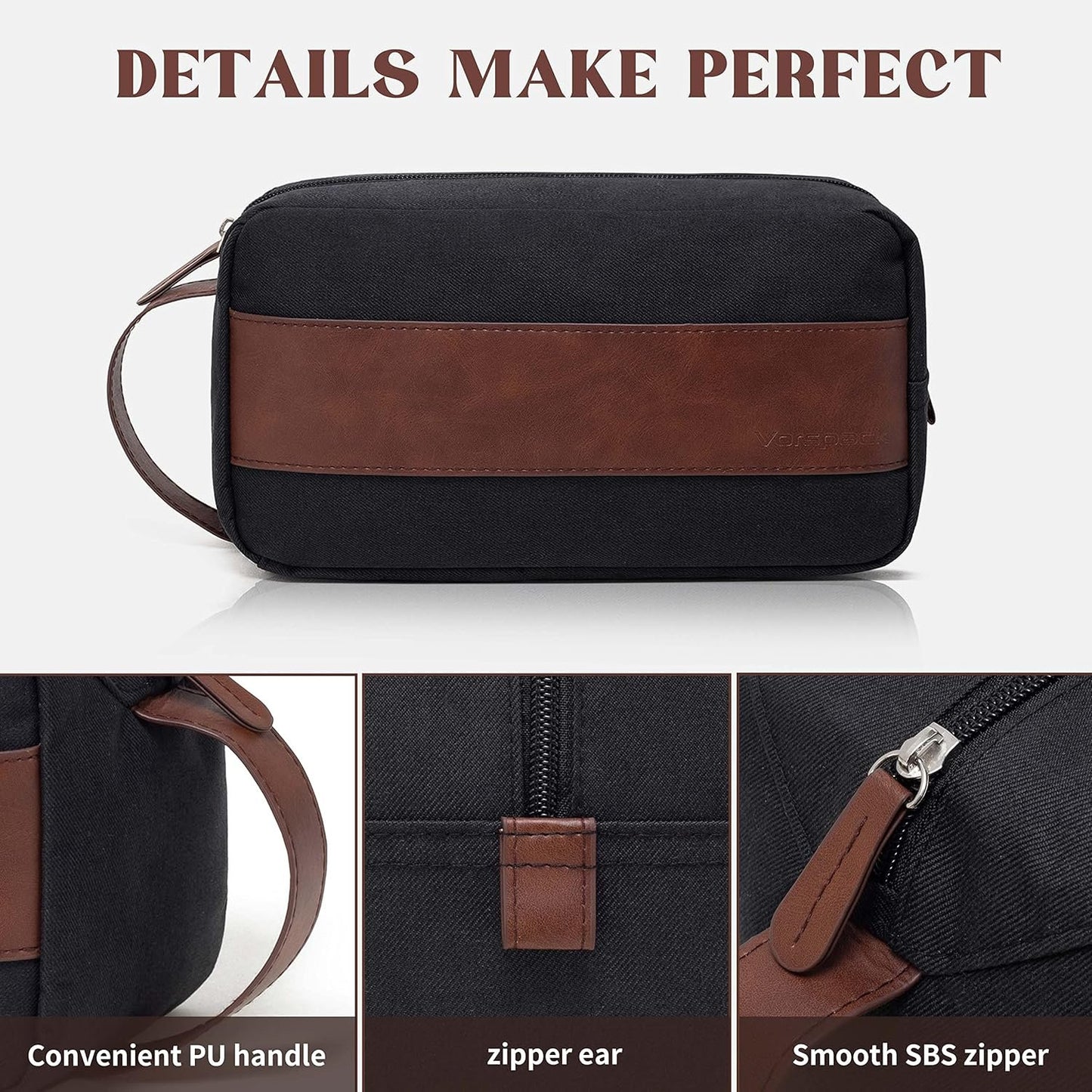 Vorspack Toiletry Bag for Men - Large Dopp Kit for Travel Water Resistant Travel Bag for Toiletries Accessories Lightweight Toiletries Bag - Black, Black, Medium