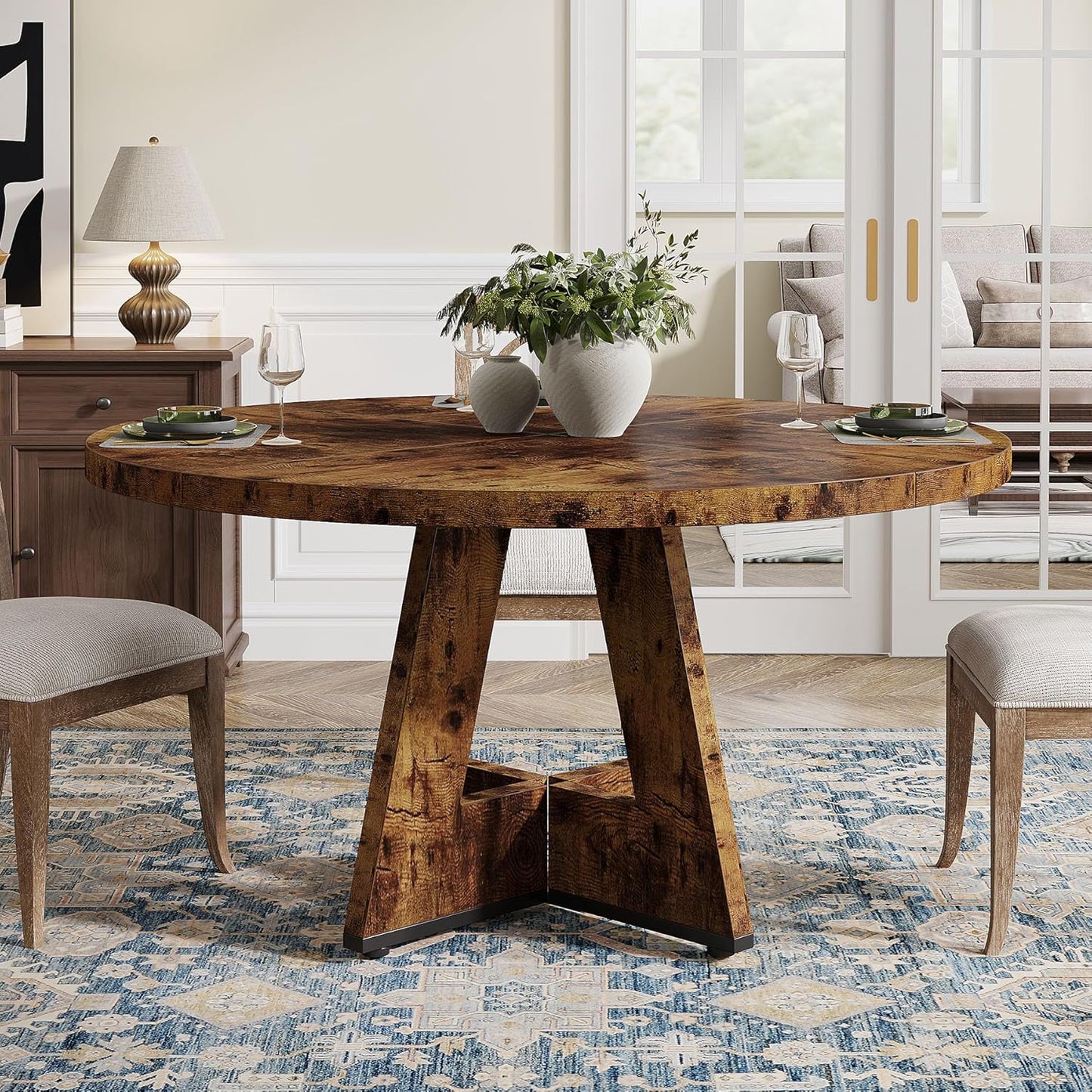 Tribesigns Round Dining Table Wood Kitchen Table for Dining Room, 47" Dinning Room Tables for 4 Adult, Farmhouse Dinner Table with Wooden Tabletop and Cross Base, Vintage