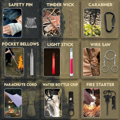 NATUREVERVE Survival Kit and First Aid Kit,142pcs Camping Gear and Survival Tools, Emergency First Aid Supplies with Molle Compatible Multi Tool Emergency Blanket, Axe Shovel, Gifts for Men and Women