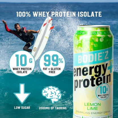 BODIE’Z Whey Protein Energy Drink - 10g Protein Powder Water with 200mg Taurine and 160mg Caffeine For Focus and Performance, Low Sugar Clear Protein Water, 500ml Lemon Lime 6 Pack