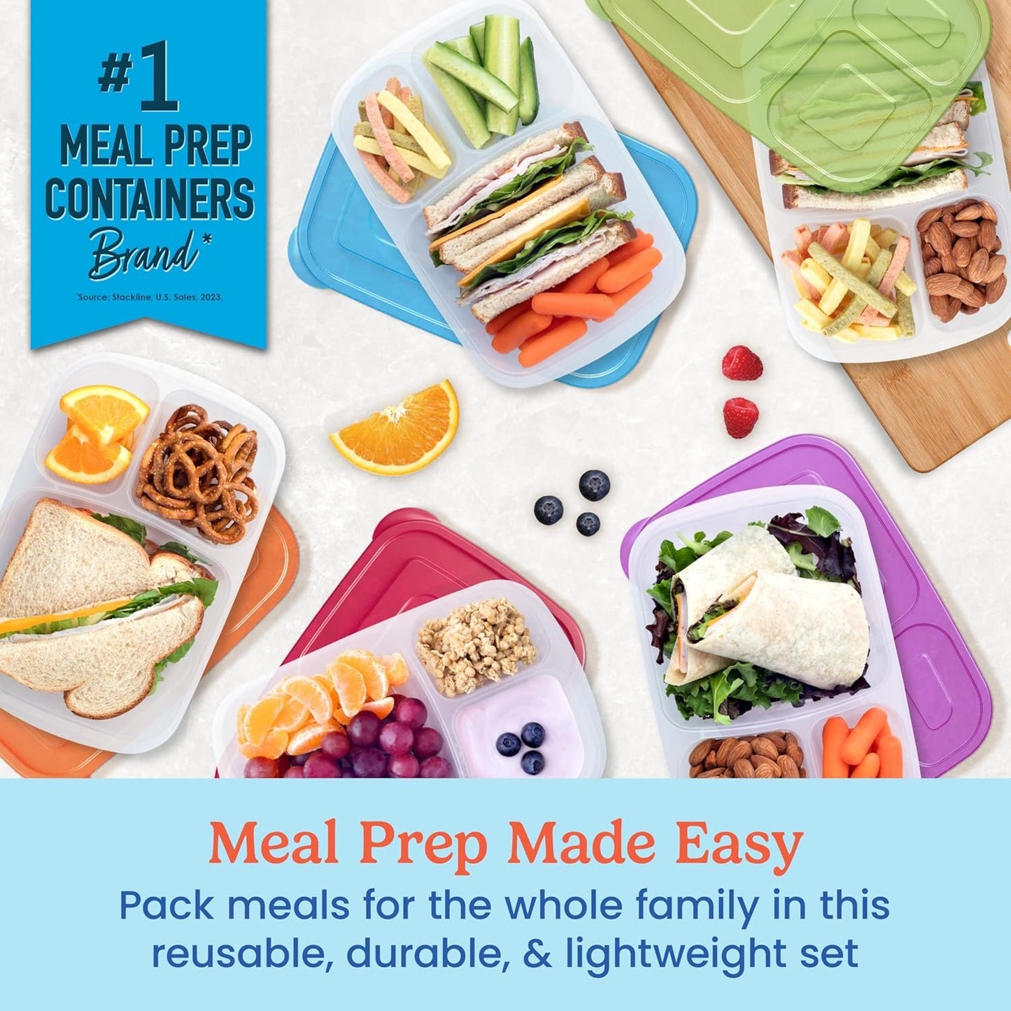 EasyLunchboxesÂ® - Original Stackable Lunch Boxes - Reusable 3-Compartment Food Containers for Kids and Adults - Bento Lunch Box for Meal Prep, School, & Work - BPA Free, Set of 10 (Classic)