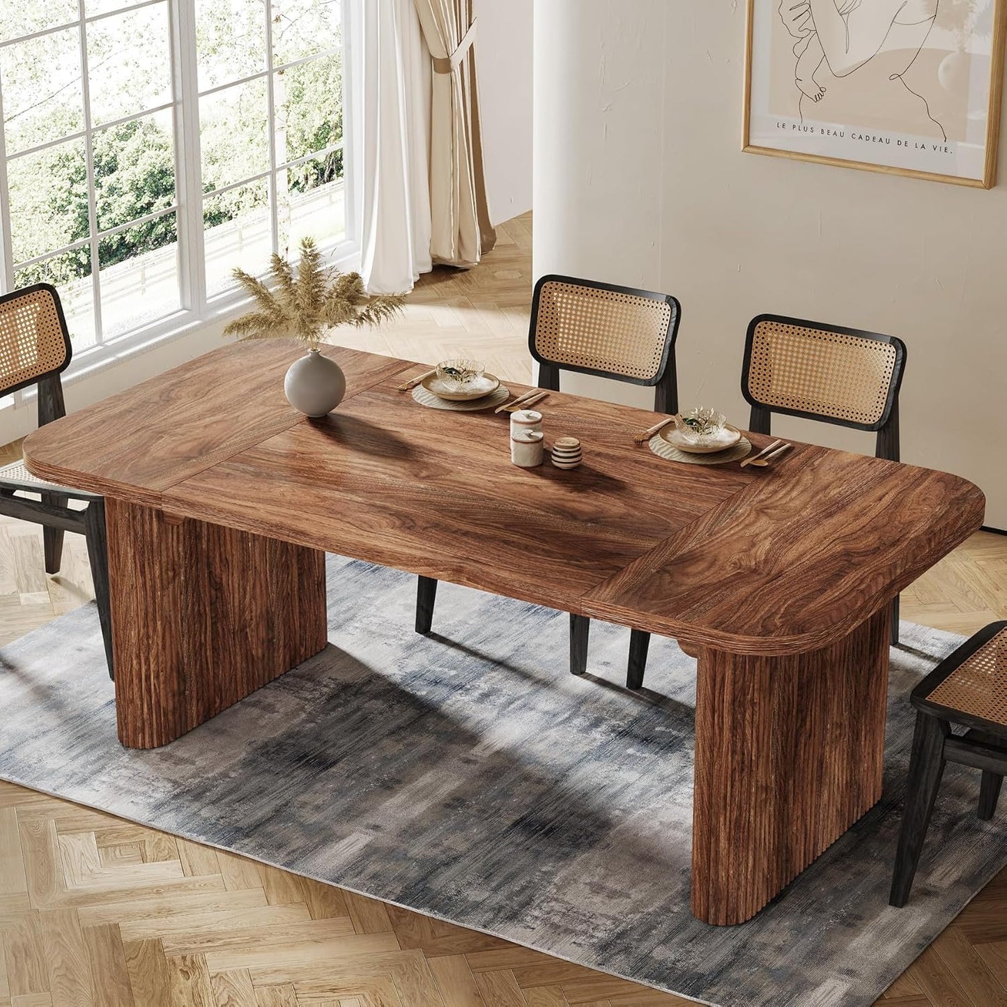 Tribesigns Farmhouse Dining Table for 4-6 People, 62-Inch Modern Kitchen Table with Double Robust Pedestal, Long Rectangular Wooden Dinner Table for Dining Room (Only Table) (Brown)