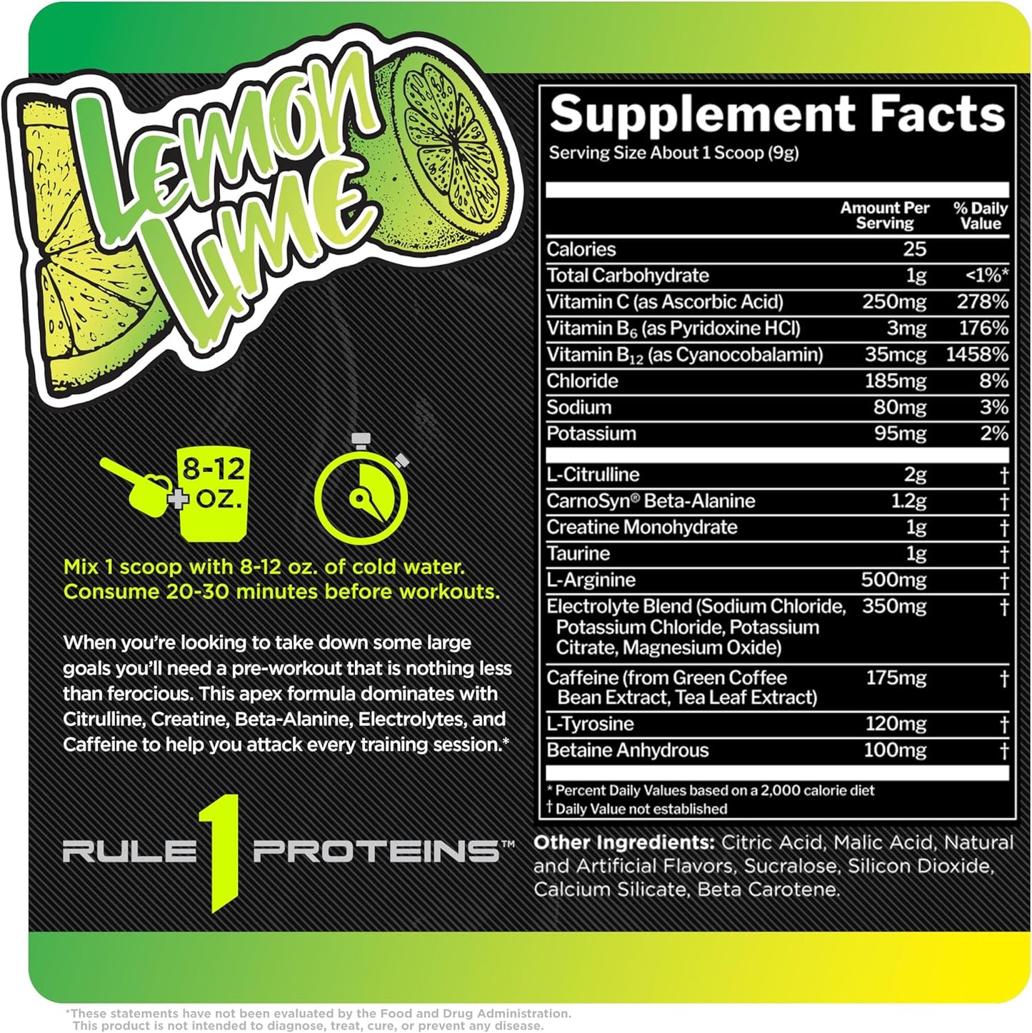 Rule1 R1 Roar Ferocious Pre-Workout Powder 270 g, Lemon Lime (30 Servings)