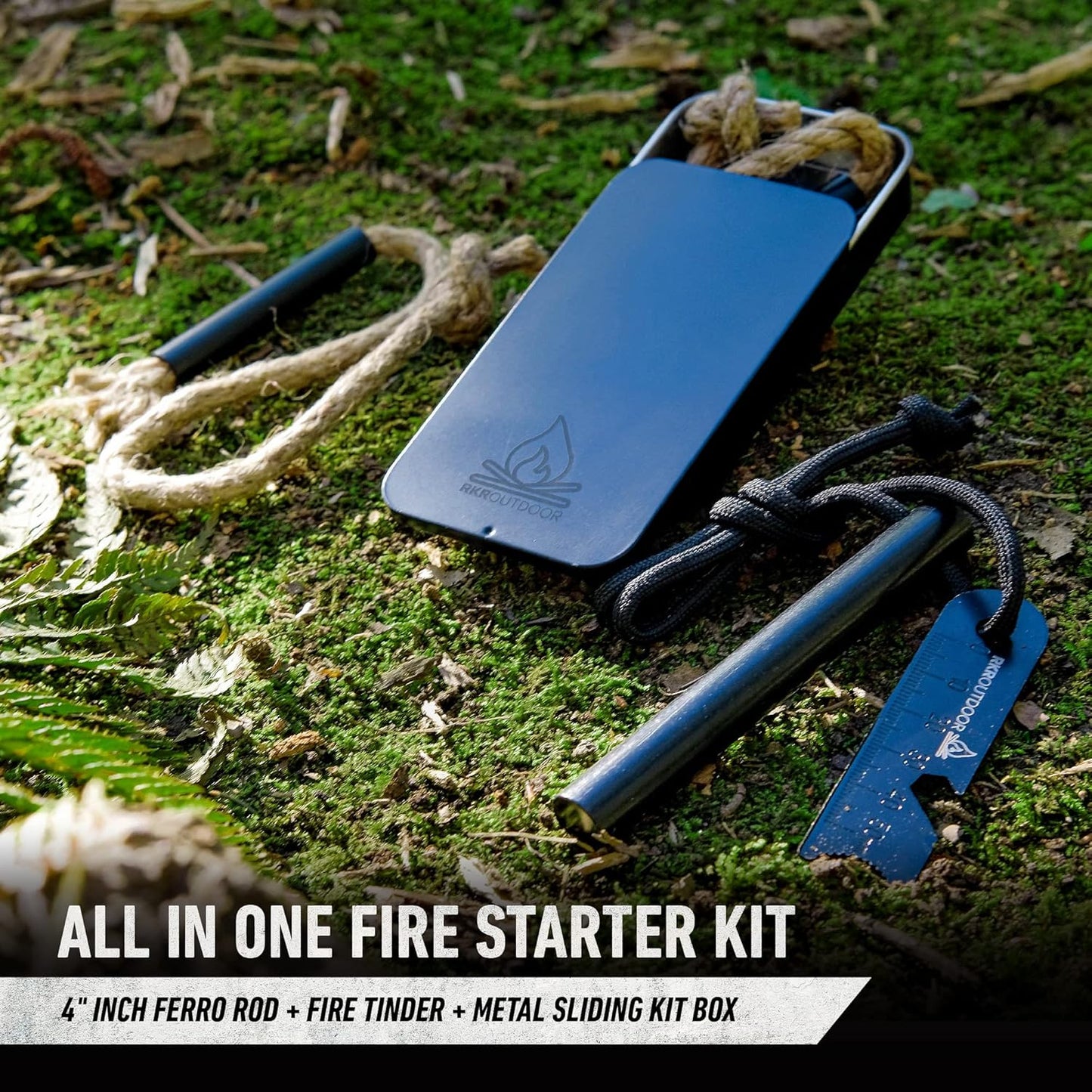 RKR OUTDOOR Ferro Rod Flint Fire Starter Kit + Tinder Wick Bellow with Sliding Box - 4" Length 1/2” Thick Ferro Rod with Multi-Tool Striker and Paracord Lanyard + Hemp Wick with Bellow + Sliding Box