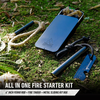 RKR OUTDOOR Ferro Rod Flint Fire Starter Kit + Tinder Wick Bellow with Sliding Box - 4" Length 1/2” Thick Ferro Rod with Multi-Tool Striker and Paracord Lanyard + Hemp Wick with Bellow + Sliding Box