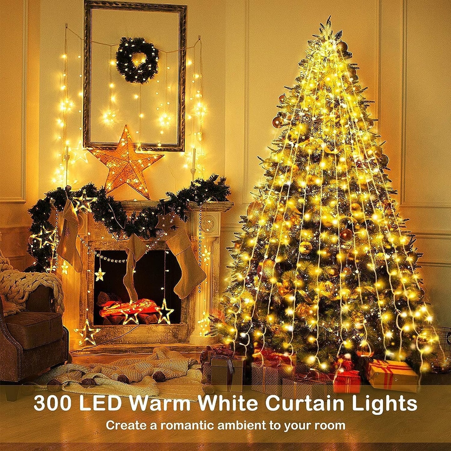 2025 New Fairy Curtain Lights for Bedroom 300 LED, Jezoll Christmas String Lights USB Plug in 8 Modes Wall Hanging Twinkle with Remote Control for Wedding Party Backdrop Decor Warm White (9.8x9.8FT)
