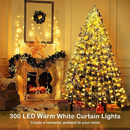 2025 New Fairy Curtain Lights for Bedroom 300 LED, Jezoll Christmas String Lights USB Plug in 8 Modes Wall Hanging Twinkle with Remote Control for Wedding Party Backdrop Decor Warm White (9.8x9.8FT)