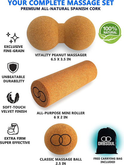 Orbsoul® Canada | 3pc Natural Cork Massage Set | Includes: Massage Peanut, Mini-Roller & Ball | Effective Muscle Recovery | Eco-Friendly Fitness