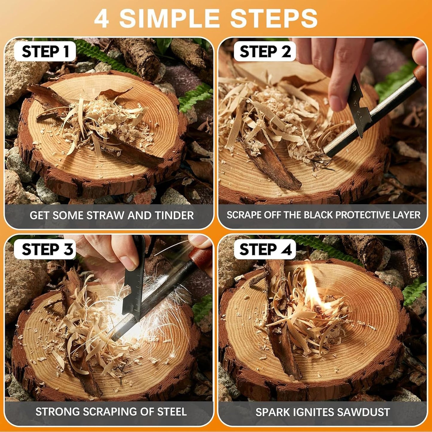 Fire Starter Survival Tool for Camping and Hiking - Waterproof Flint and Steel Kit With Lighter