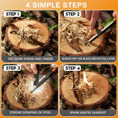 Fire Starter Survival Tool for Camping and Hiking - Waterproof Flint and Steel Kit With Lighter