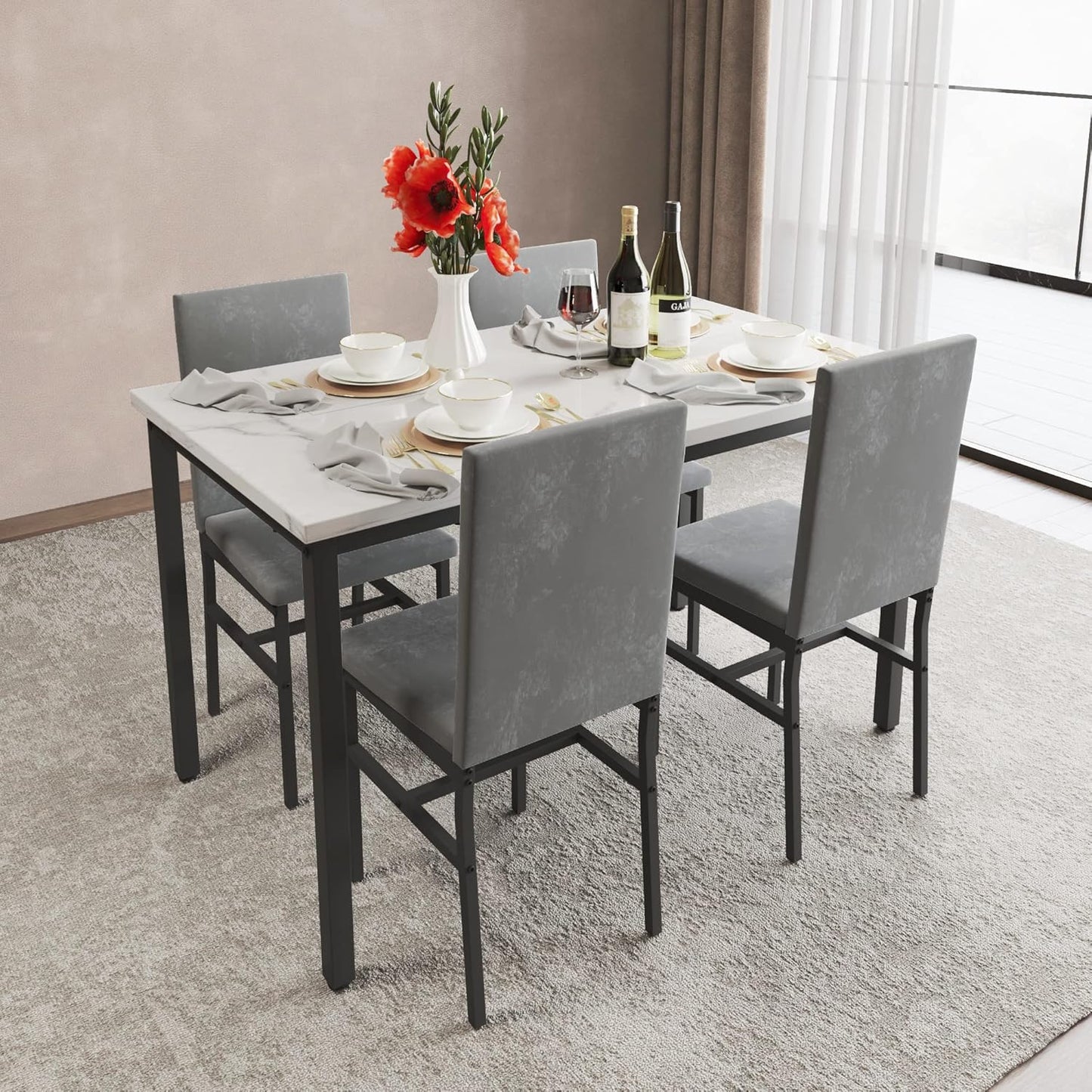 5 Piece DiningTable Set for 4, 47.2 Inch Modern Faux Marble Tabletop Dining Table Set, Kitchen Table Chairs Set with 4 Upholstered Velvet Chairs for Dining Room, Kitchen (Silver)
